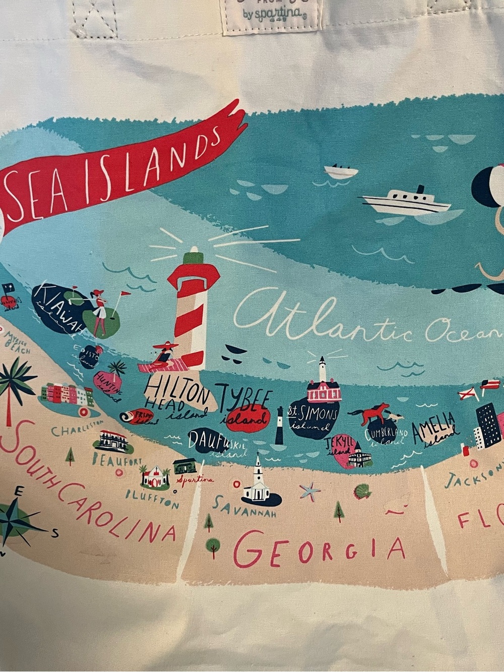 Spartina 449 Cream Canvas Tote with Blue Straps and Coastal Map Print - Picture 3 of 5